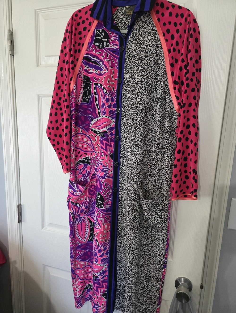 Maggie Shepherd vibrant, button-front shirt dress eclectic mixed-print patchwork